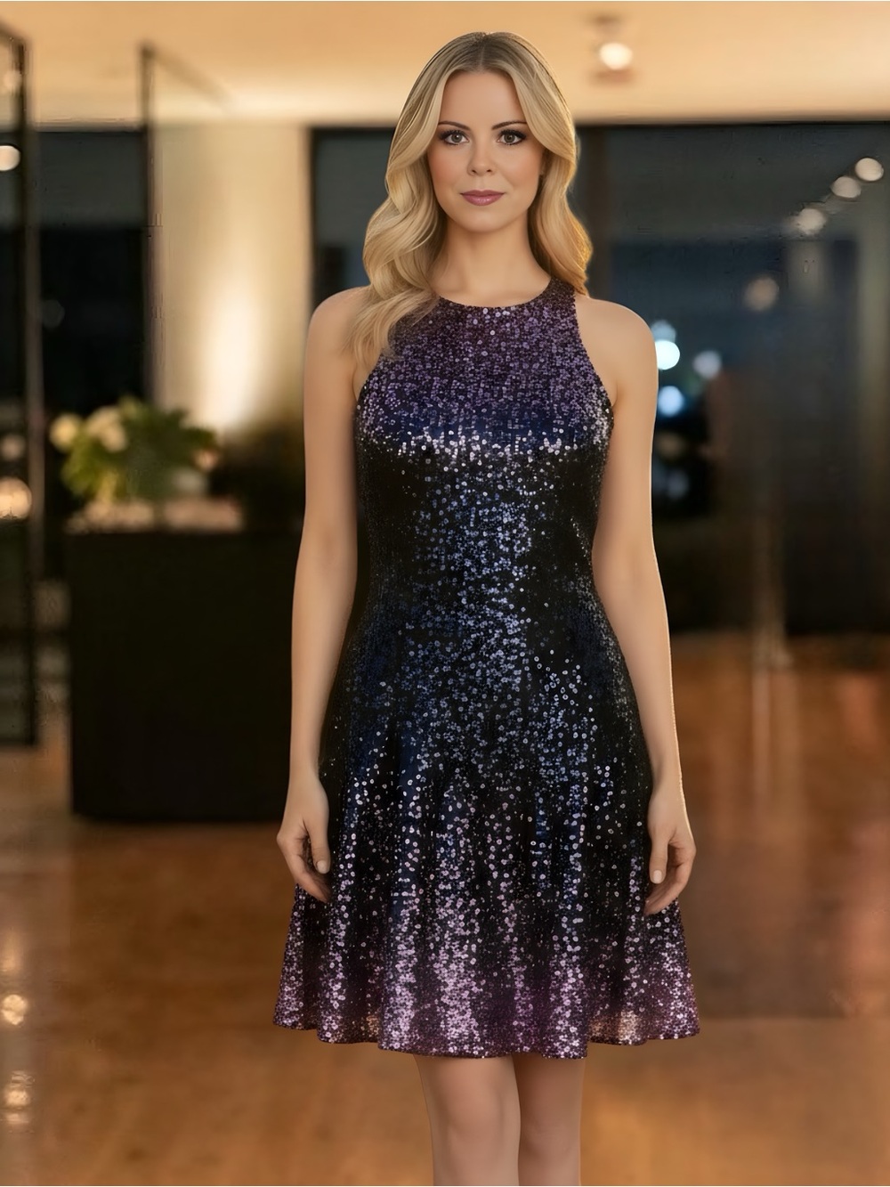Dress the Population "Andi"  Sequin Navy & Pink Dress Size Small Full of Sparkle